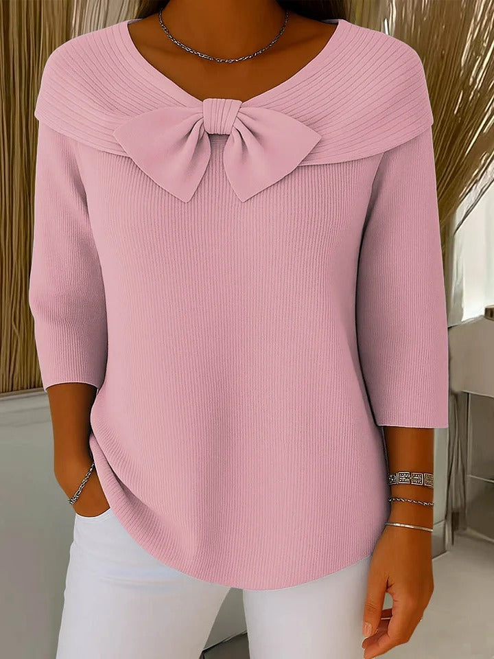 Women's Bow Sweater | V-Neck Three-Quarter Sleeve Knit