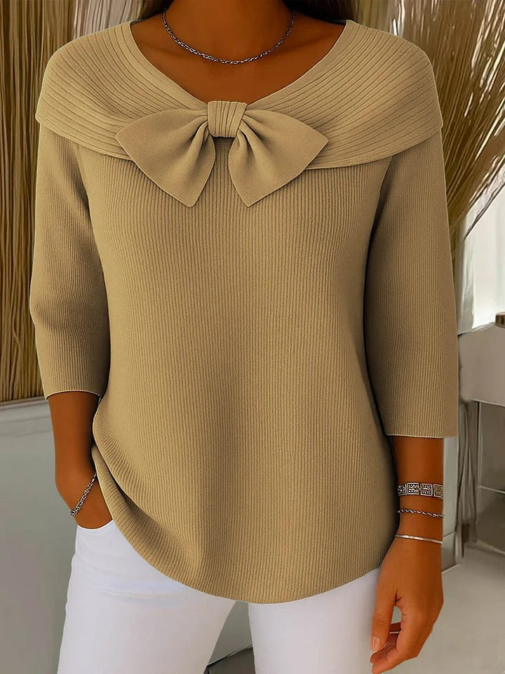 Women's Bow Sweater | V-Neck Three-Quarter Sleeve Knit