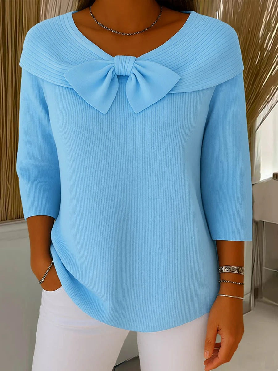 Women's Bow Sweater | V-Neck Three-Quarter Sleeve Knit