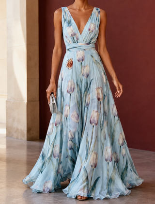Annabel-Lane Plunge Maxi Dress - Sky Blue