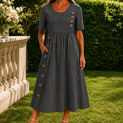 Fenna-Elise Striped Midi Dress - Black