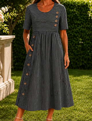 Fenna-Elise Striped Midi Dress - Black
