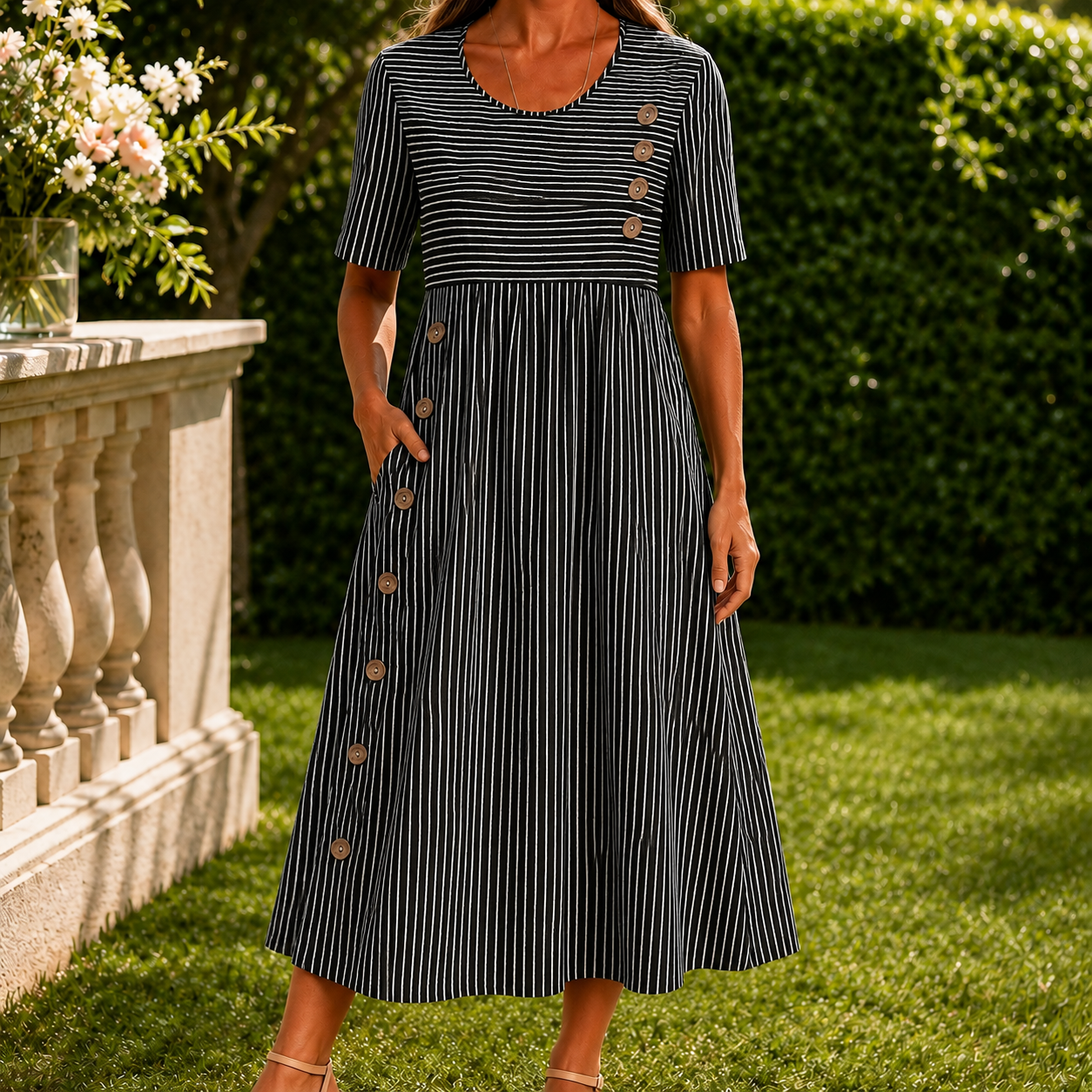 Fenna-Elise Striped Midi Dress - Black
