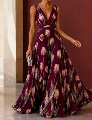 Annabel-Lane Plunge Maxi Dress - Burgundy
