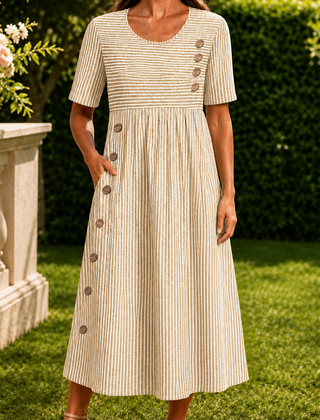 Fenna-Elise Striped Midi Dress - Beige
