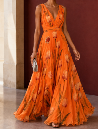 Annabel-Lane Plunge Maxi Dress - Orange