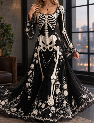 Lucinda-Elise Skeleton Maxi Dress - Black White
