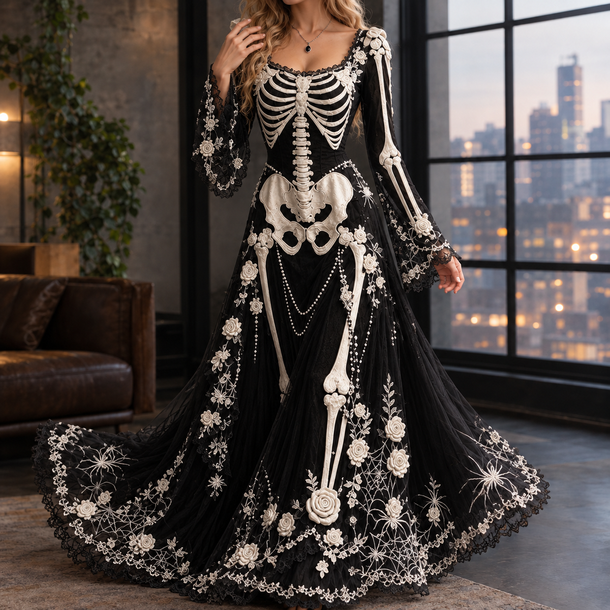 Lucinda-Elise Skeleton Maxi Dress - Black White