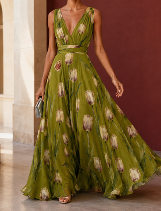 Annabel-Lane Plunge Maxi Dress - Green