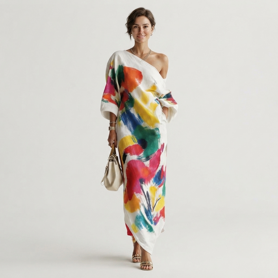 Women's Work Xmas Party Dress | Maxi One-Shoulder Three-Quarter Sleeve