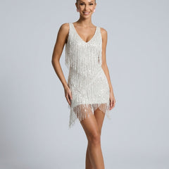 Women's Xmas Day Dress | Mini V-Neck Sleeveless Sequin Fringe