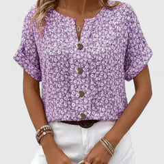 Women's Summer Top | Floral Print Button Front Short Sleeve