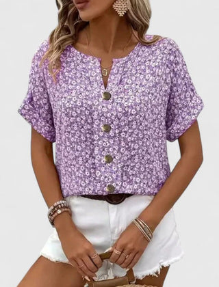 Women's Summer Top | Floral Print Button Front Short Sleeve