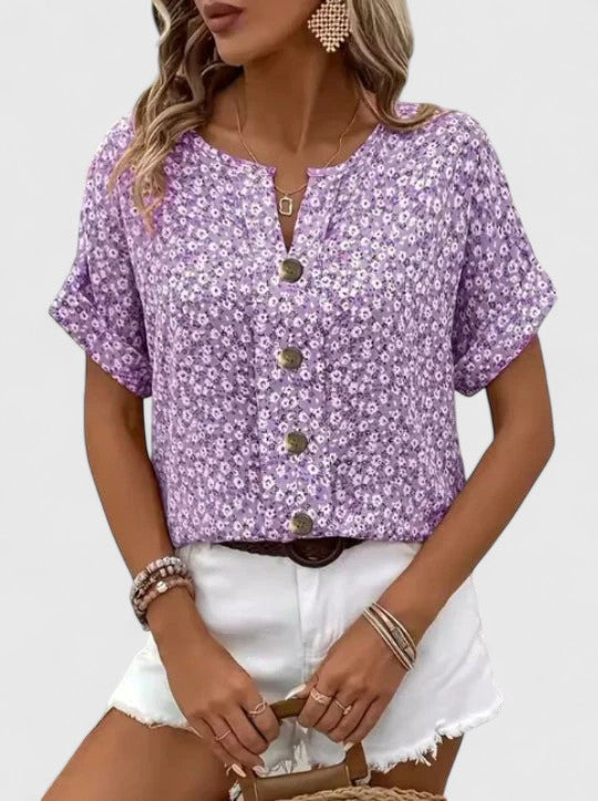 Women's Summer Top | Floral Print Button Front Short Sleeve