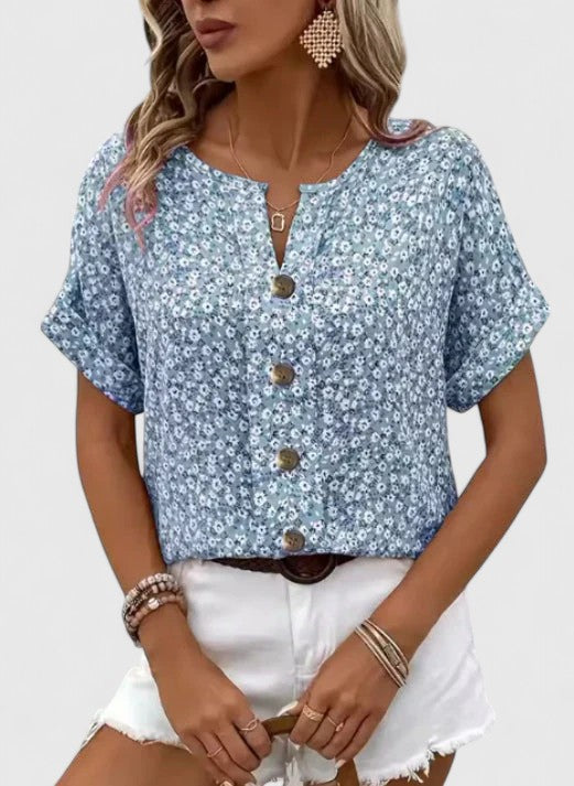 Women's Summer Top | Floral Print Button Front Short Sleeve