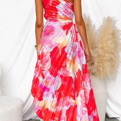 Women's Red Dress | Maxi One-Shoulder Floral Print