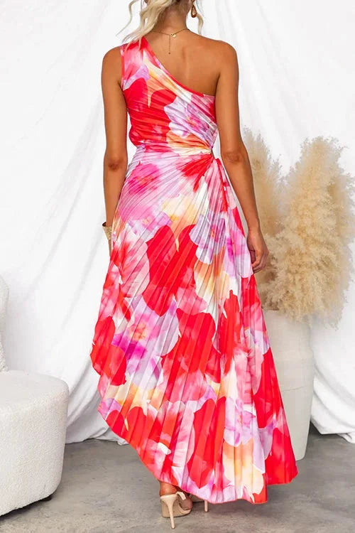 Women's Red Dress | Maxi One-Shoulder Floral Print