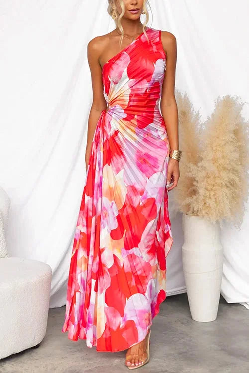 Women's Red Dress | Maxi One-Shoulder Floral Print