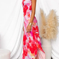 Women's Red Dress | Maxi One-Shoulder Floral Print