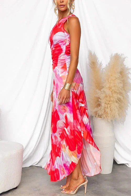 Women's Red Dress | Maxi One-Shoulder Floral Print
