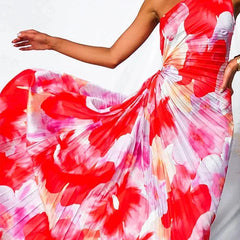 Women's Red Dress | Maxi One-Shoulder Floral Print