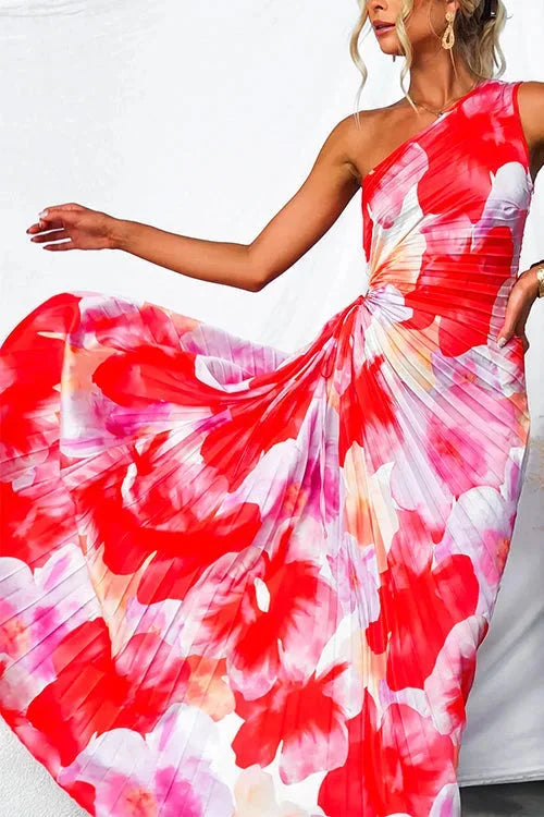 Women's Red Dress | Maxi One-Shoulder Floral Print
