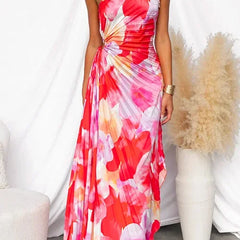 Women's Red Dress | Maxi One-Shoulder Floral Print