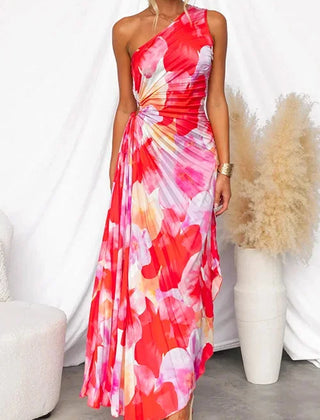 Women's Red Dress | Maxi One-Shoulder Floral Print