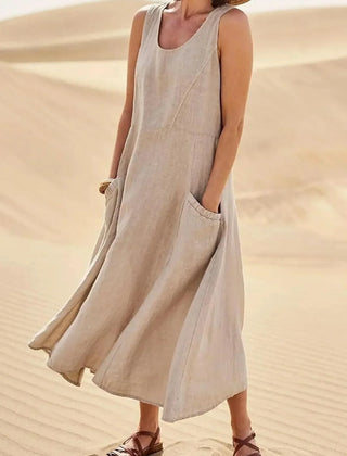 Women's Sundress | Midi Length Sleeveless Round Neck Linen