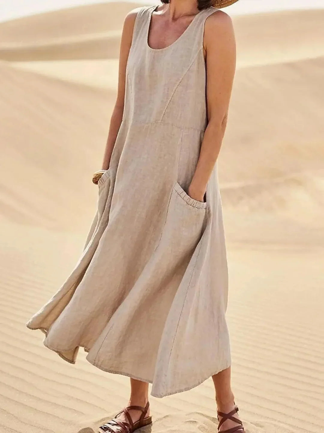 Women's Sundress | Midi Length Sleeveless Round Neck Linen