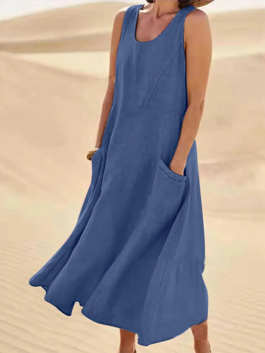 Women's Sundress | Midi Length Sleeveless Round Neck Linen