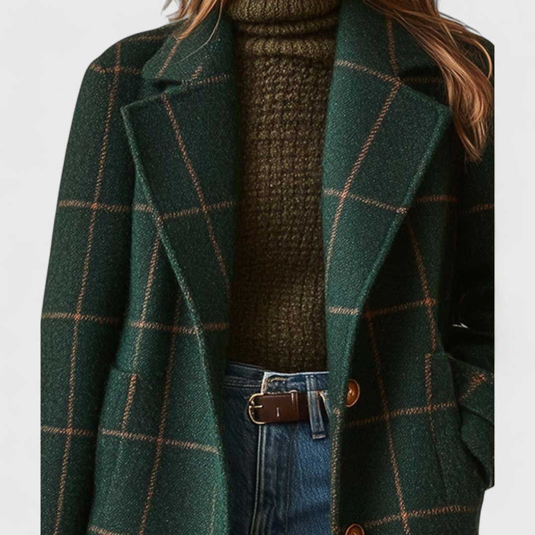 Women's Long Coat | Notch Lapel Button Front Plaid Wool