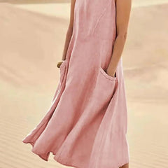 Women's Sundress | Midi Length Sleeveless Round Neck Linen