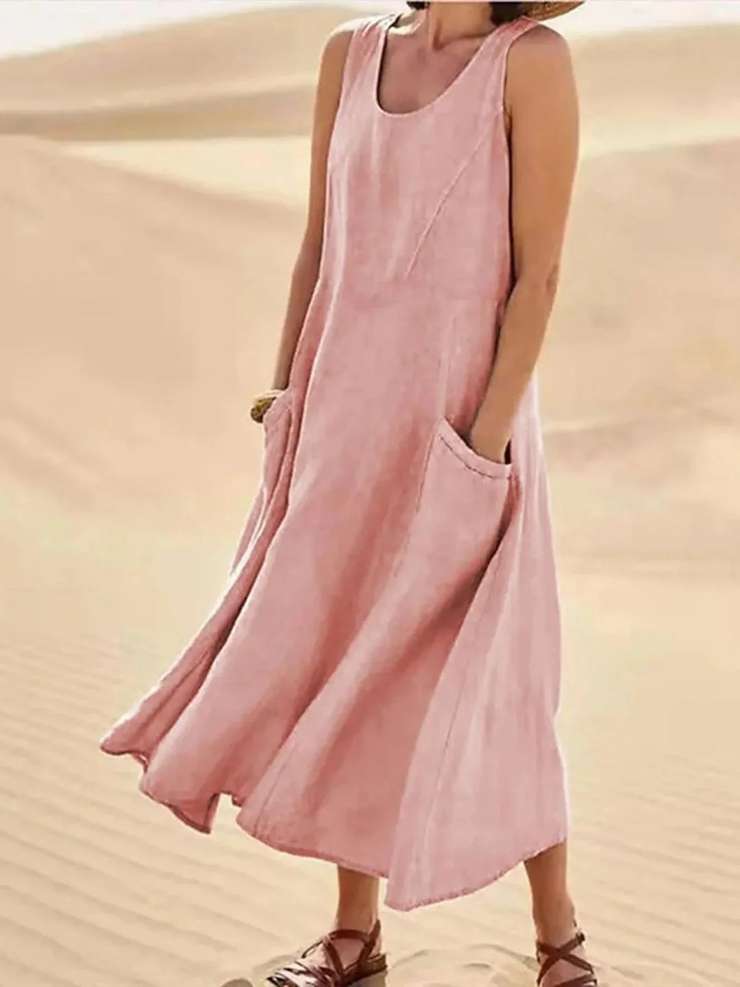 Women's Sundress | Midi Length Sleeveless Round Neck Linen