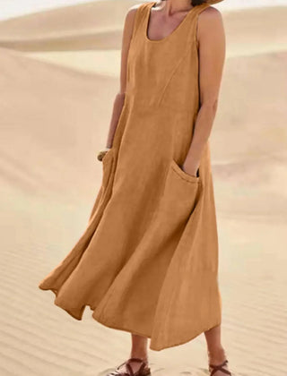Women's Sundress | Midi Length Sleeveless Round Neck Linen