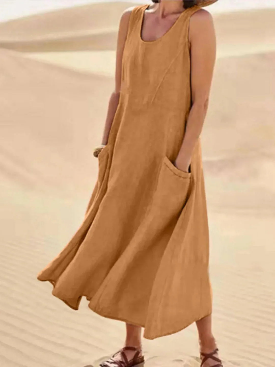 Women's Sundress | Midi Length Sleeveless Round Neck Linen