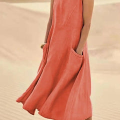 Women's Sundress | Midi Length Sleeveless Round Neck Linen