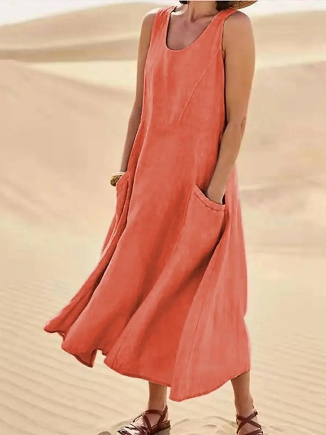 Women's Sundress | Midi Length Sleeveless Round Neck Linen