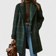 Women's Long Coat | Notch Lapel Button Front Plaid Wool
