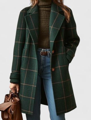 Women's Long Coat | Notch Lapel Button Front Plaid Wool