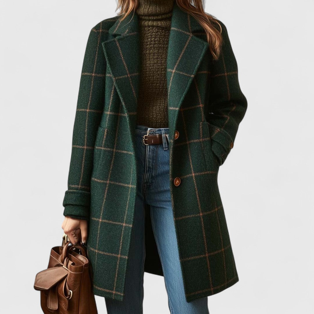 Women's Long Coat | Notch Lapel Button Front Plaid Wool