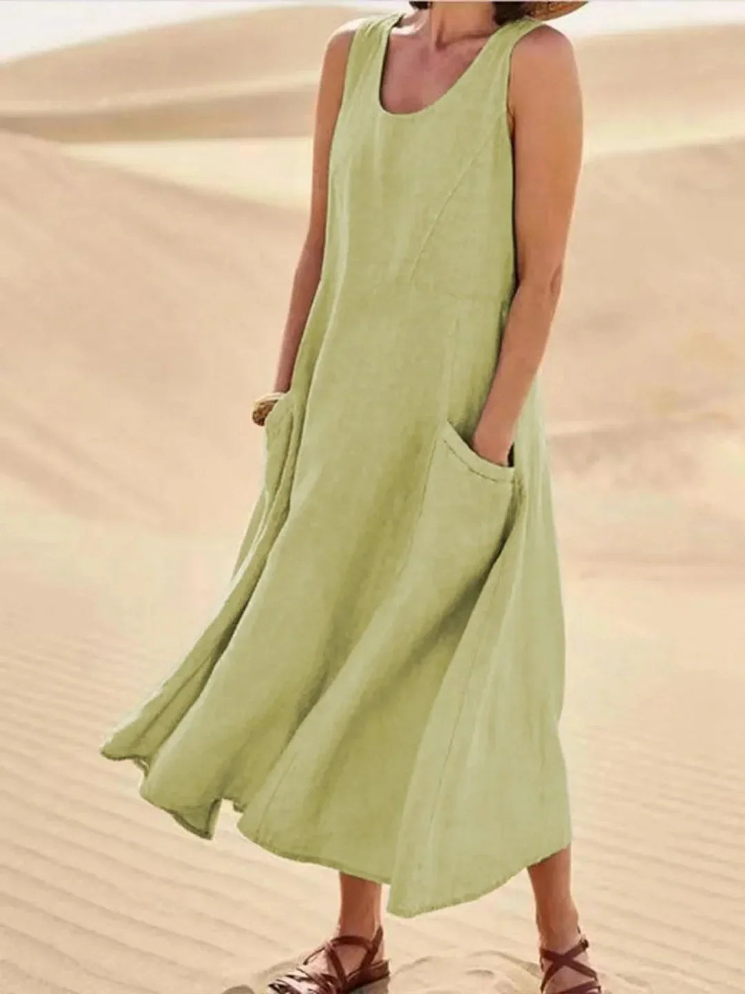 Women's Sundress | Midi Length Sleeveless Round Neck Linen