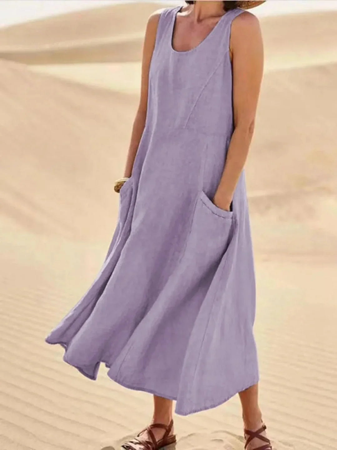Women's Sundress | Midi Length Sleeveless Round Neck Linen