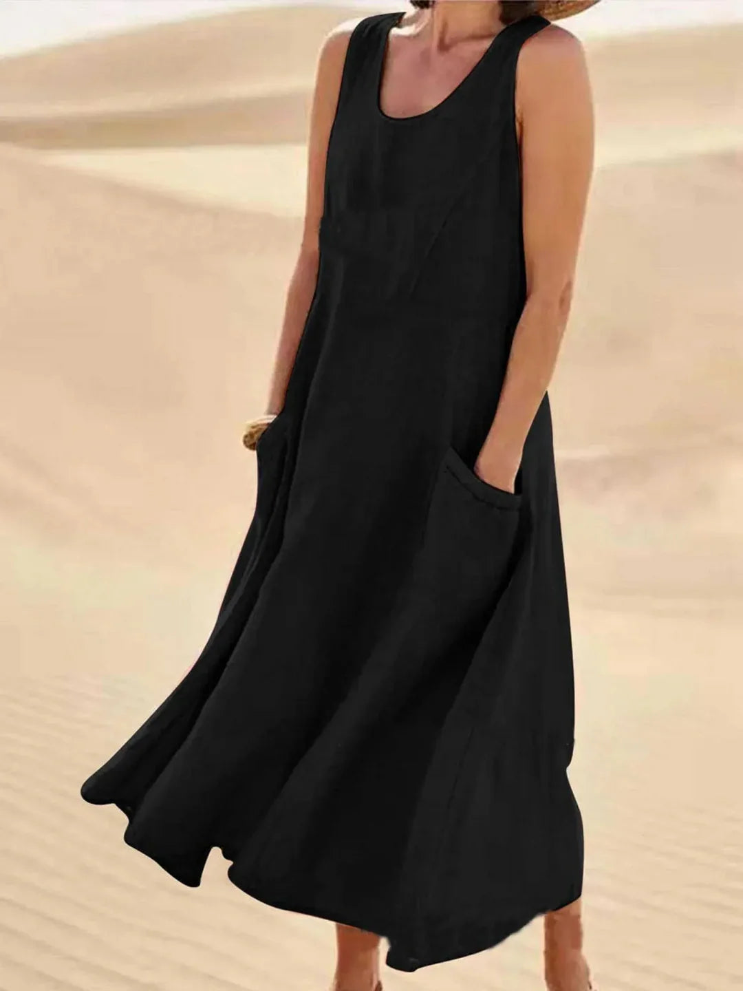Women's Sundress | Midi Length Sleeveless Round Neck Linen