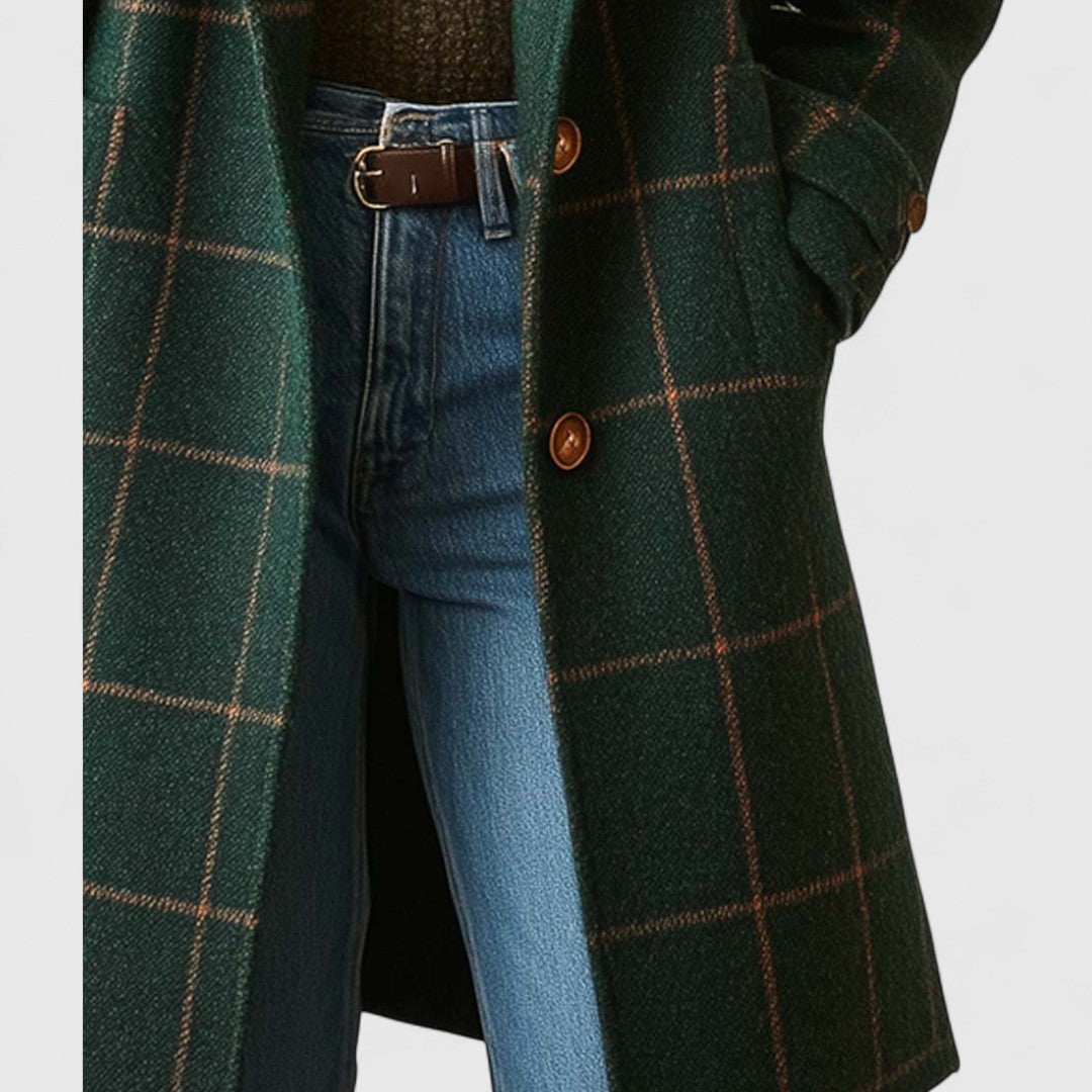 Women's Long Coat | Notch Lapel Button Front Plaid Wool