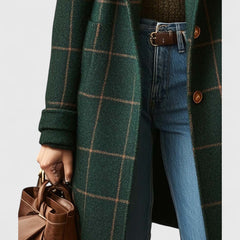 Women's Long Coat | Notch Lapel Button Front Plaid Wool