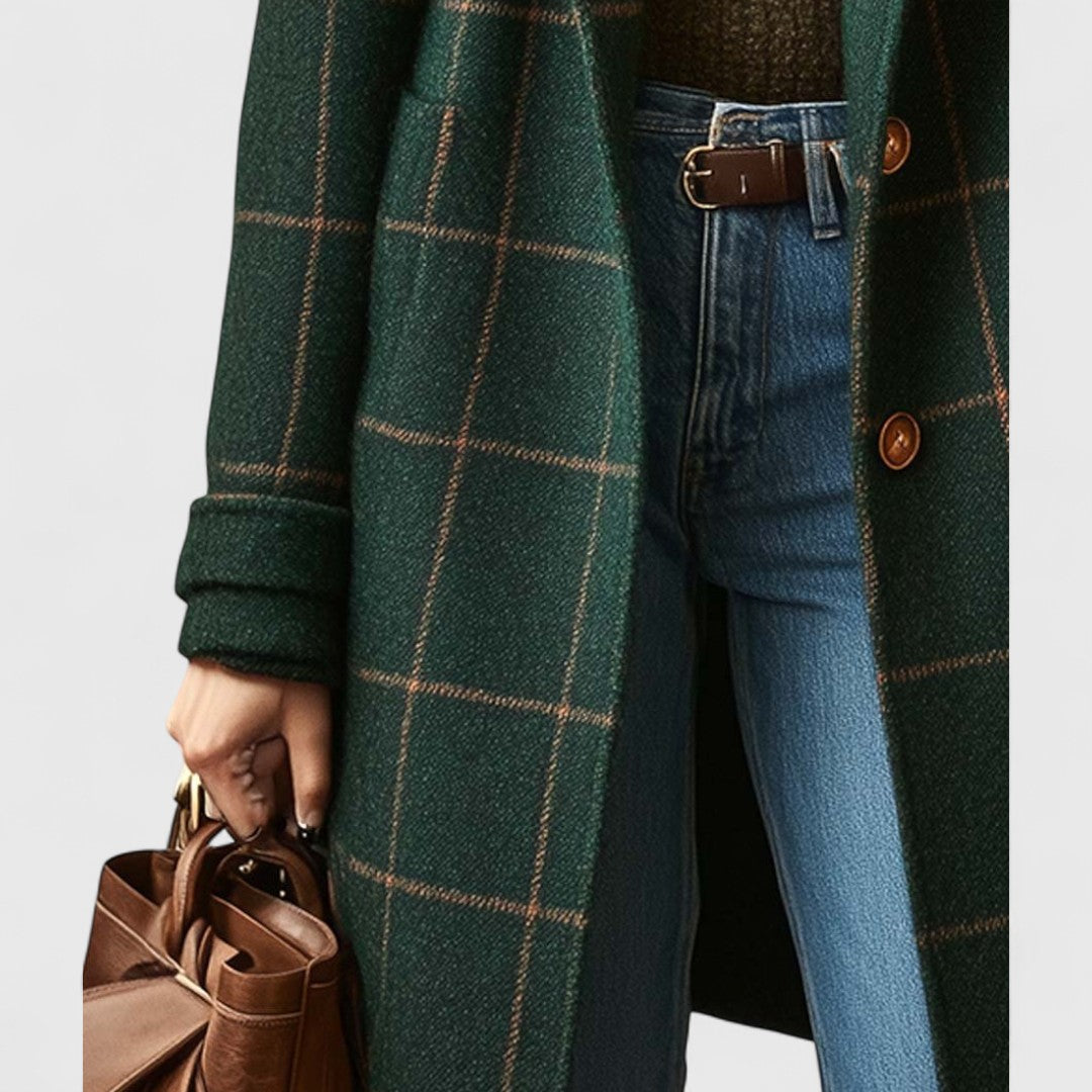 Women's Long Coat | Notch Lapel Button Front Plaid Wool