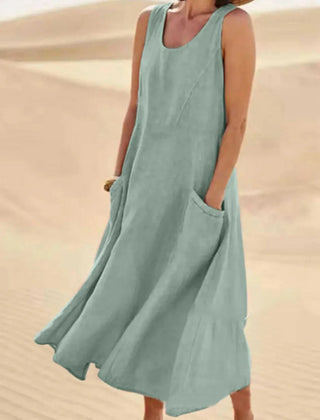 Women's Sundress | Midi Length Sleeveless Round Neck Linen