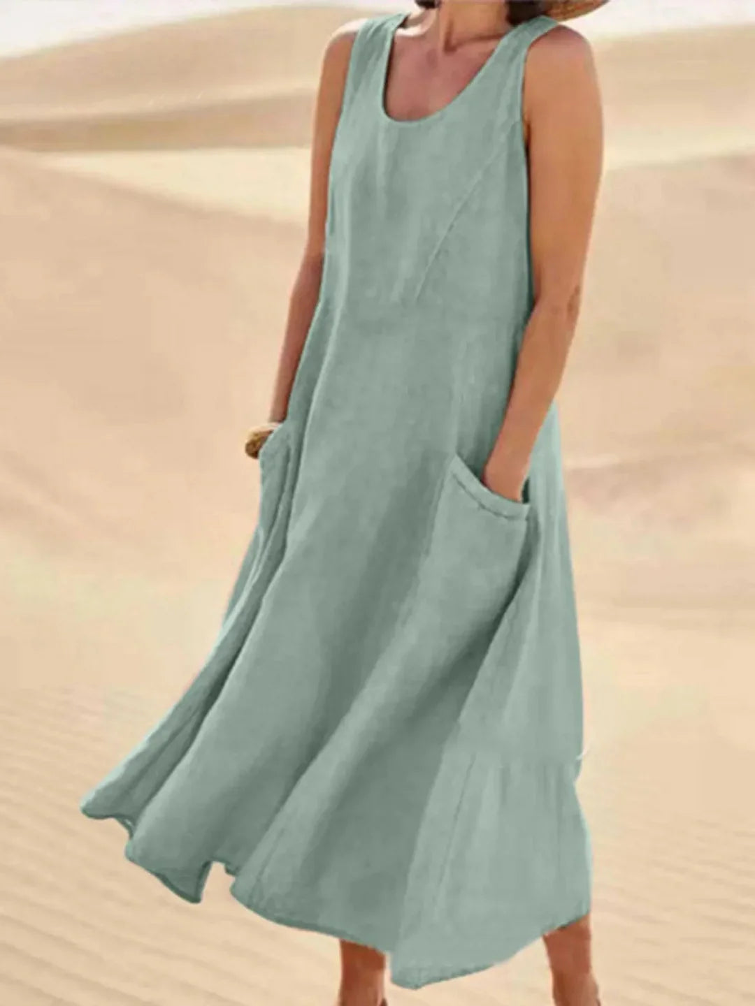Women's Sundress | Midi Length Sleeveless Round Neck Linen