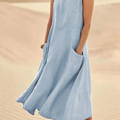 Women's Sundress | Midi Length Sleeveless Round Neck Linen